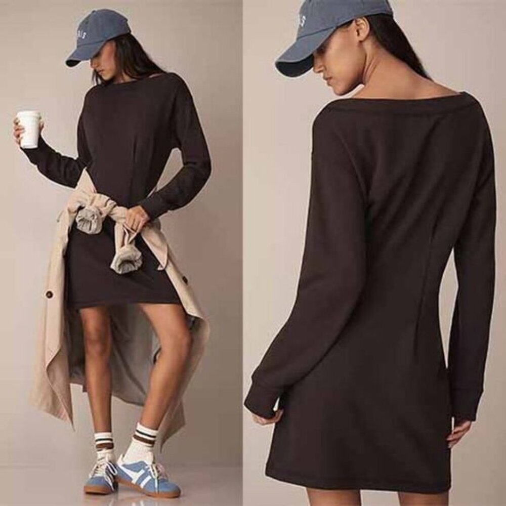 NEW Nation LTD Ronni Pullover Drop Shoulder Sweatshirt Mini Dress Black Sz Large